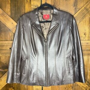 Cole Haan Lambskin Leather Notch Collar Zippered Jacket in Coco Brown Size 14